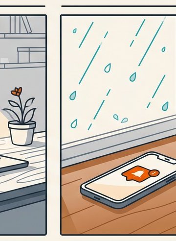Rain outside a window, subscriber phone showing a proactive notification from their ISP