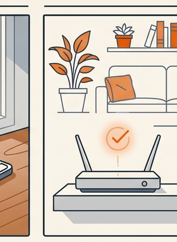 Home router on a shelf with a green resolved indicator, Wi-Fi issue remediated automatically