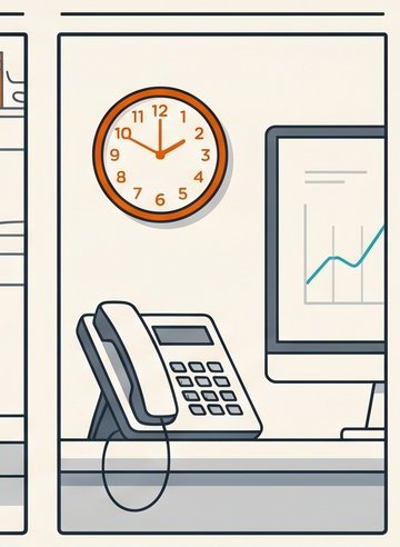 Contact center agent at a desk with a clock on the wall, fast and competent resolution
